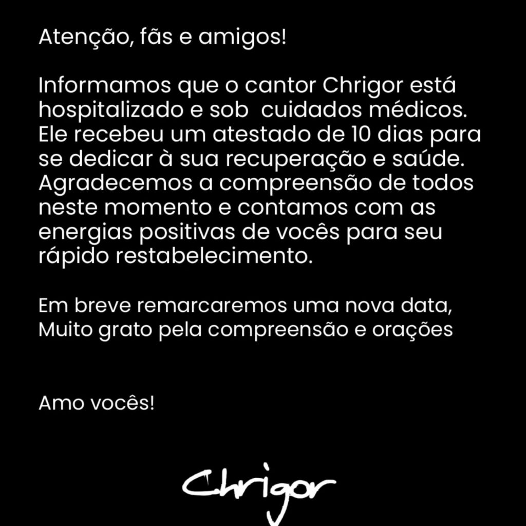 Ex-vocalista do Exaltasamba, Chrigor é hospitalizado