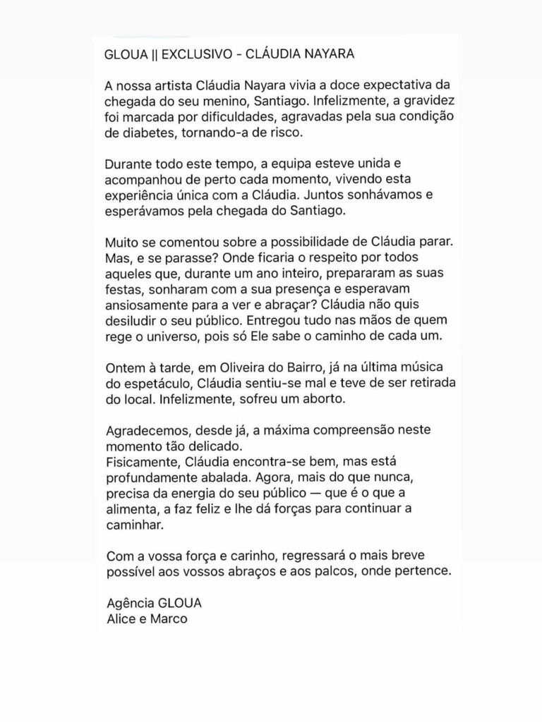 Cantora sofre mal estar no palco e perde o bebê