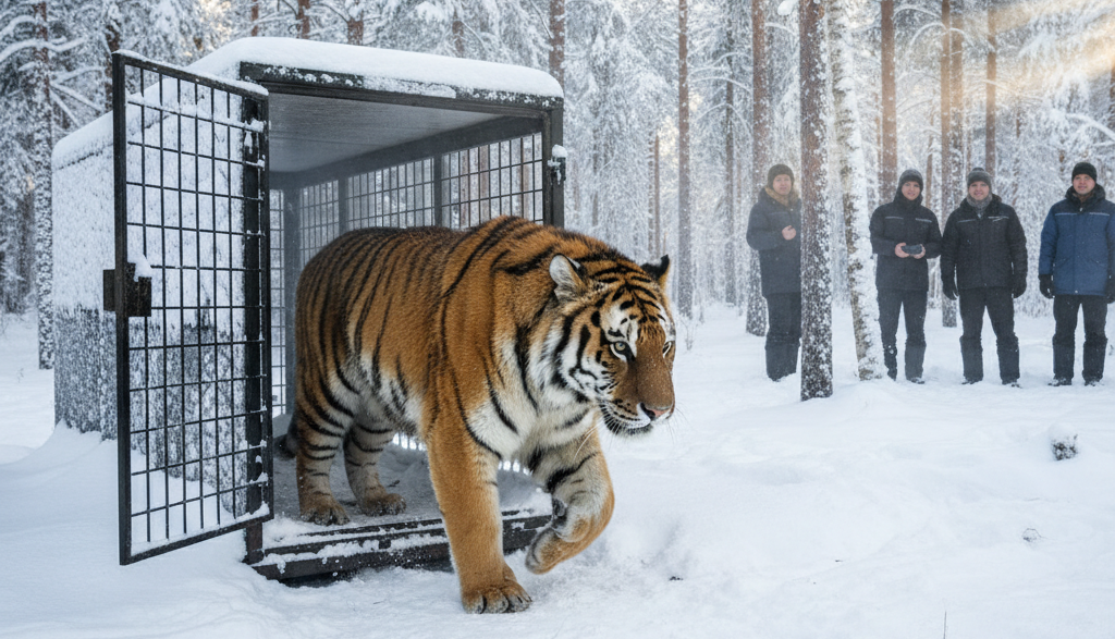 Aumente o som! Rugido de tigre siberiano após ser solto na natureza é impressionante