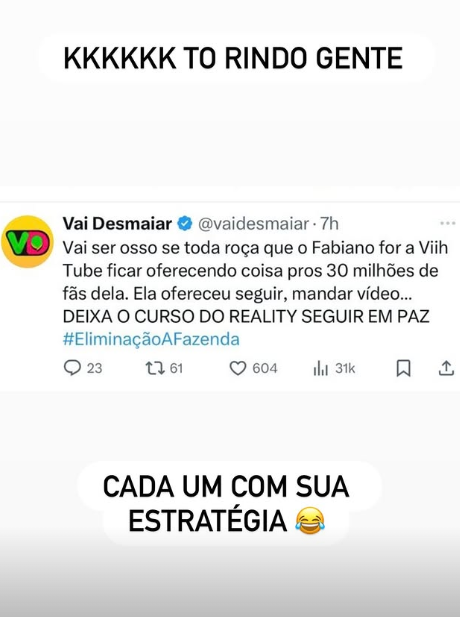 Pai de Viih Tube escapa da primeira roça de "A Fazenda 17"