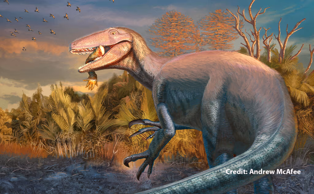 Fóssil de nova espécie de dinossauro é encontrada ainda com presa na boca
