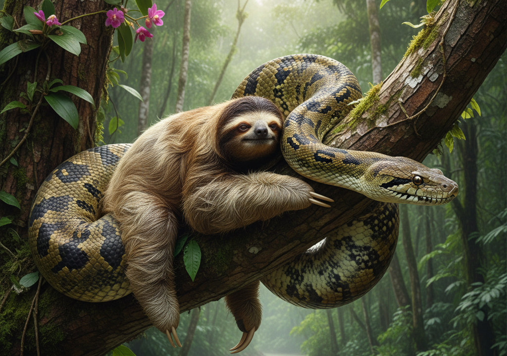 Bicho-preguiça é flagrado andando tranquilamente por cima de sucuri gigante
