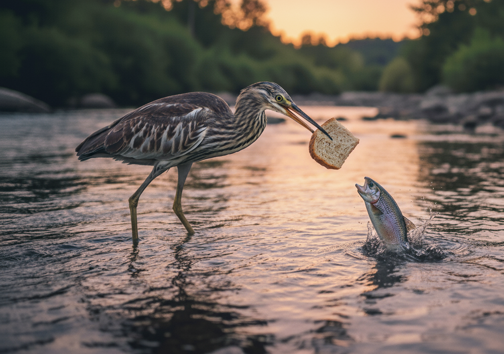Pássaro é flagrado utilizando um pedaço de pão para pescar