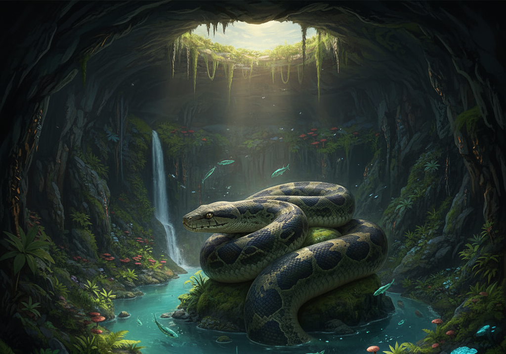 Sucuri gigante que vive em buraco milenar é avistada por câmera