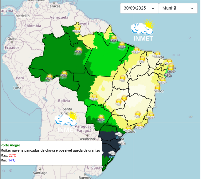 Previsão do tempo aponta chegada da chuva na região Sul nesta 3°feira