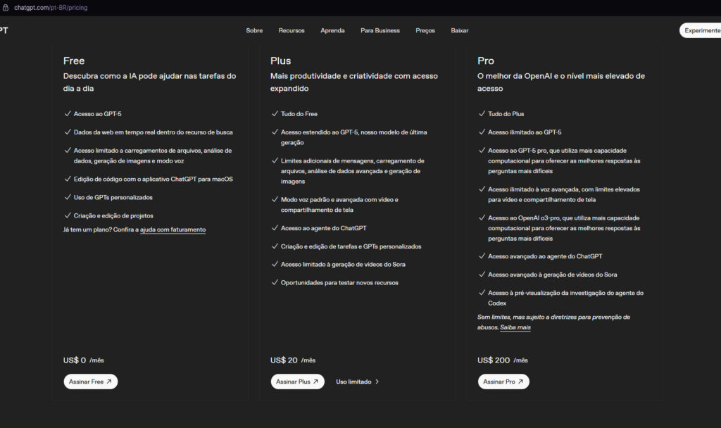 Quanto custa assinar o ChatGPT Pro? - Créditos: Reprodução/chatgpt.com/pt-BR/pricing