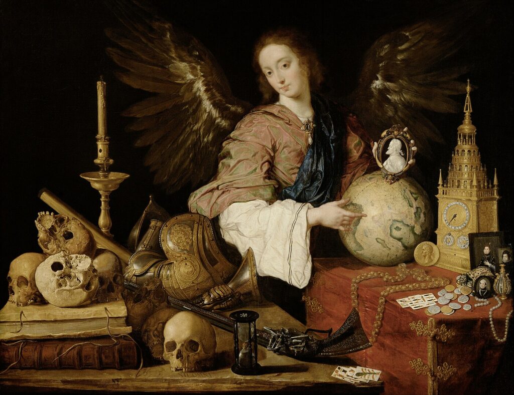 Vanitas de Antonio de Pereda representa visualmente a frase Memento Mori - Créditos: Por Antonio de Pereda - 2AEBd_YfJdcAvg at Google Cultural Institute maximum zoom level, Domínio público, https://commons.wikimedia.org/w/index.php?curid=21980088