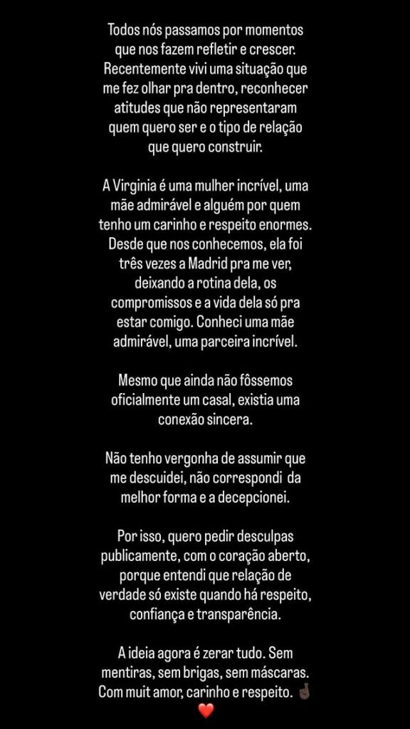 Vini Jr. pede desculpas à Virginia Fonseca