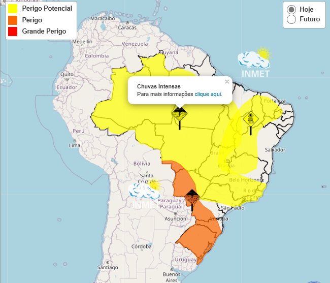 Alerta Inmet para fortes chuvas nos dias 11 e 12 em quase todo o Brasil