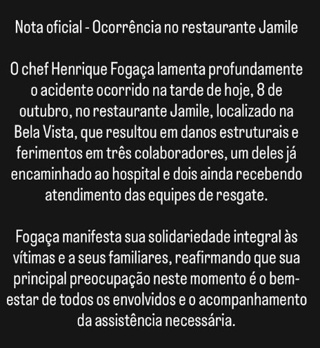 Chef Henrique Fogaça se pronuncia sobre desabamento no Jamile
