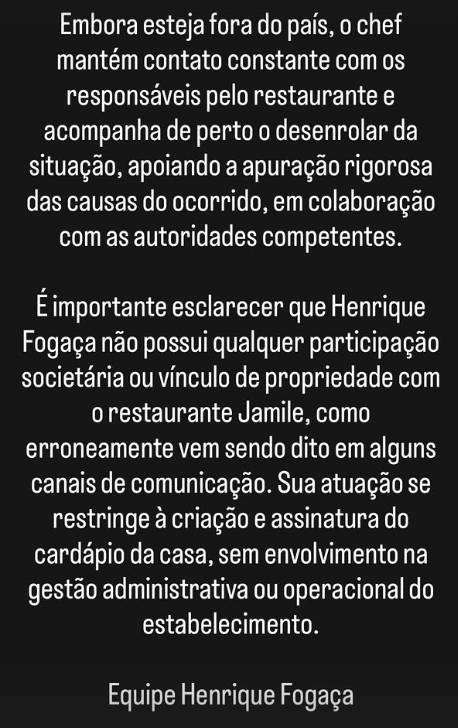 Chef Henrique Fogaça se pronuncia sobre desabamento no Jamile