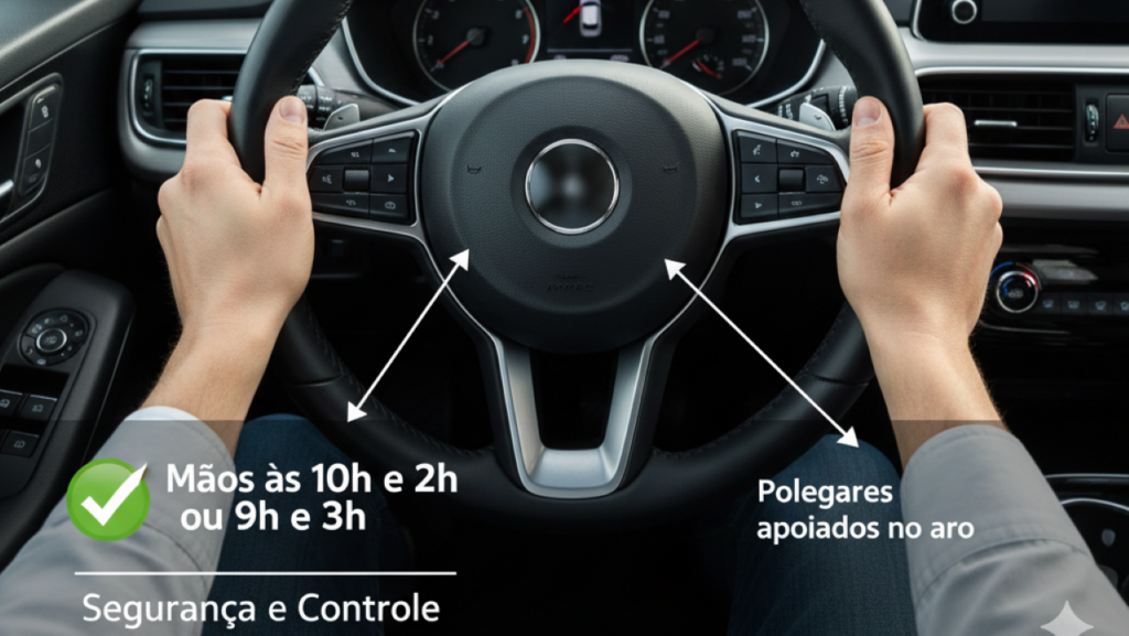Qual a posição correta das mãos no volante segundo o CTB?
