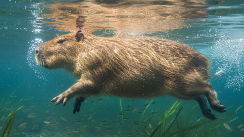 Vídeo subaquático mostra capivara ‘correndo’ debaixo d’água