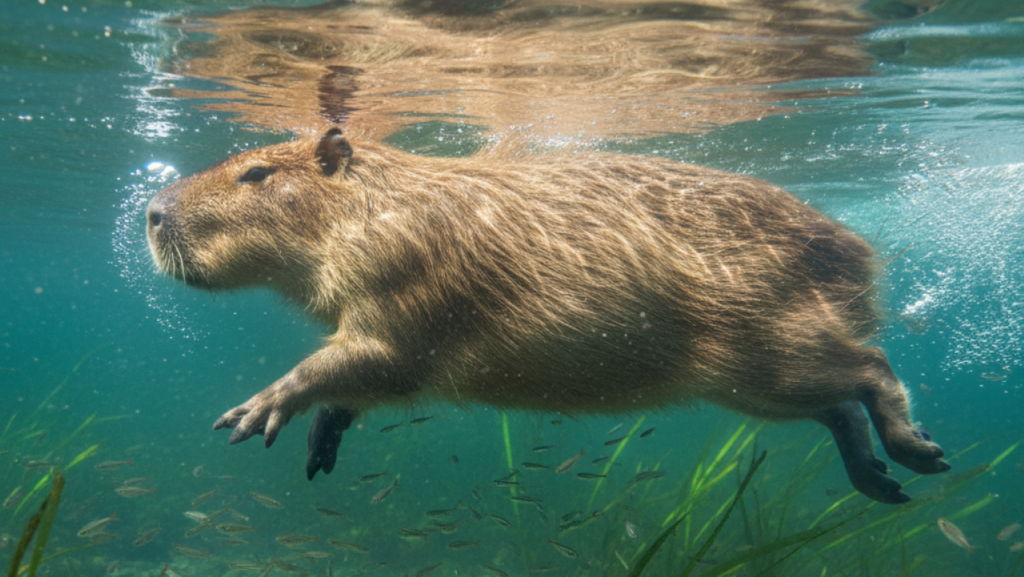 Vídeo subaquático mostra capivara ‘correndo’ debaixo d’água