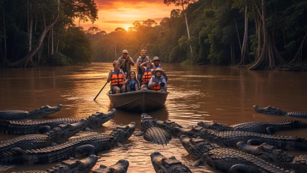 Turistas avistam maior jacaré da amazônia durante passeio de barco