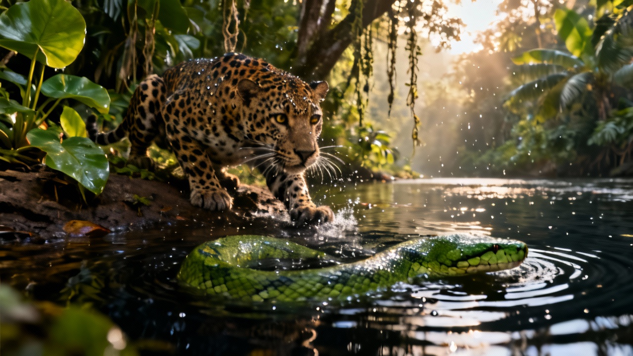 Onça-pintada aproveita vacilo de sucuri e garante o almoço do dia