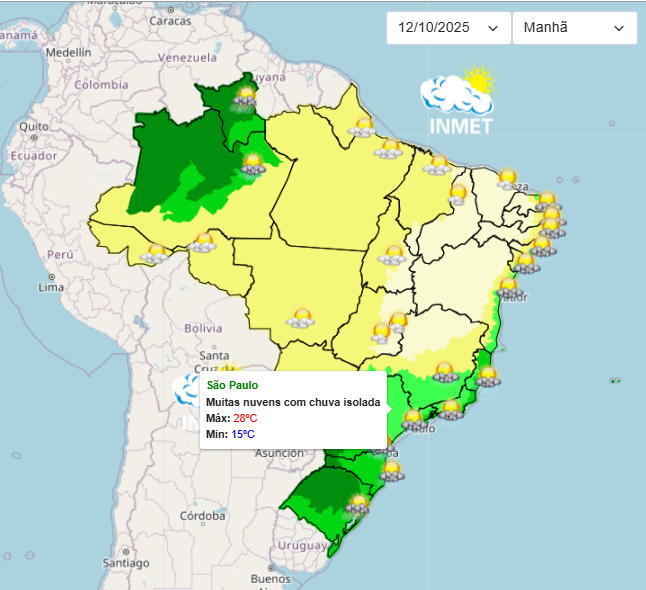 Previsão do tempo para a cidade de São Paulo neste domingo, 12