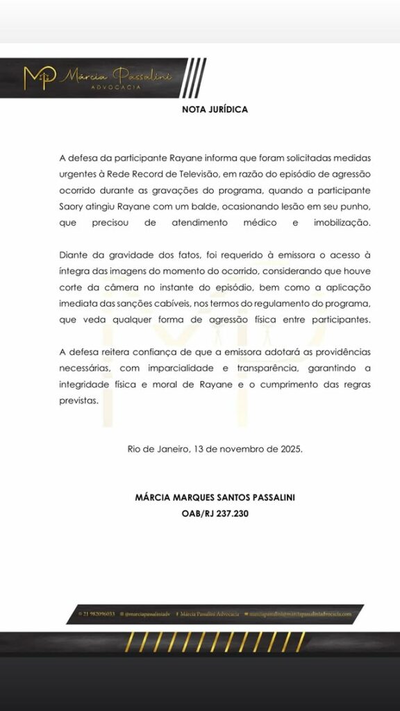 Advogada de Rayane Figliuzzi exige medidas urgentes da Record após briga