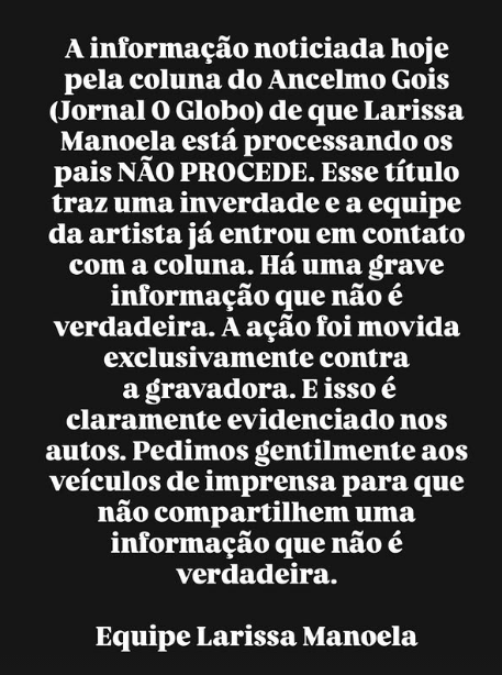 Larissa Manoela afirma que não está processando seus pais
