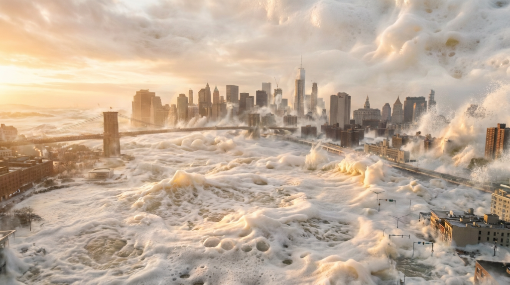 Cidade acorda coberta por uma enorme quantidade de espuma do mar