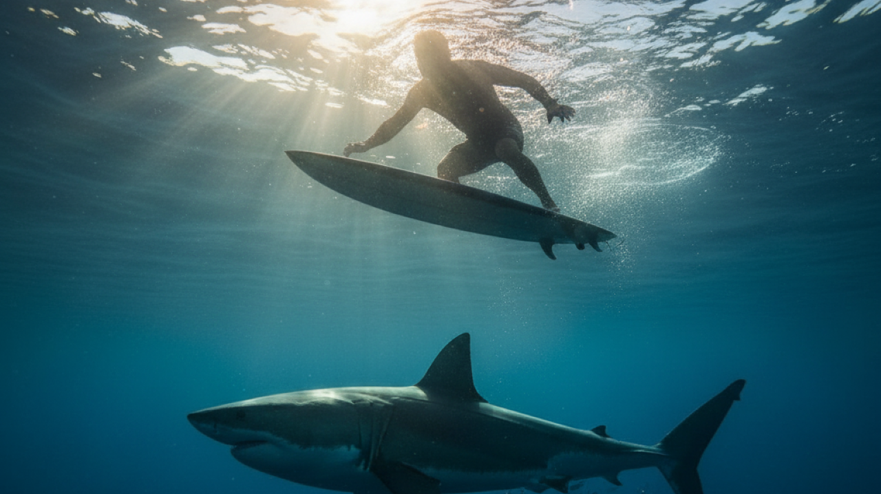 Surfista encara predador furioso no mar após ele morder sua prancha
