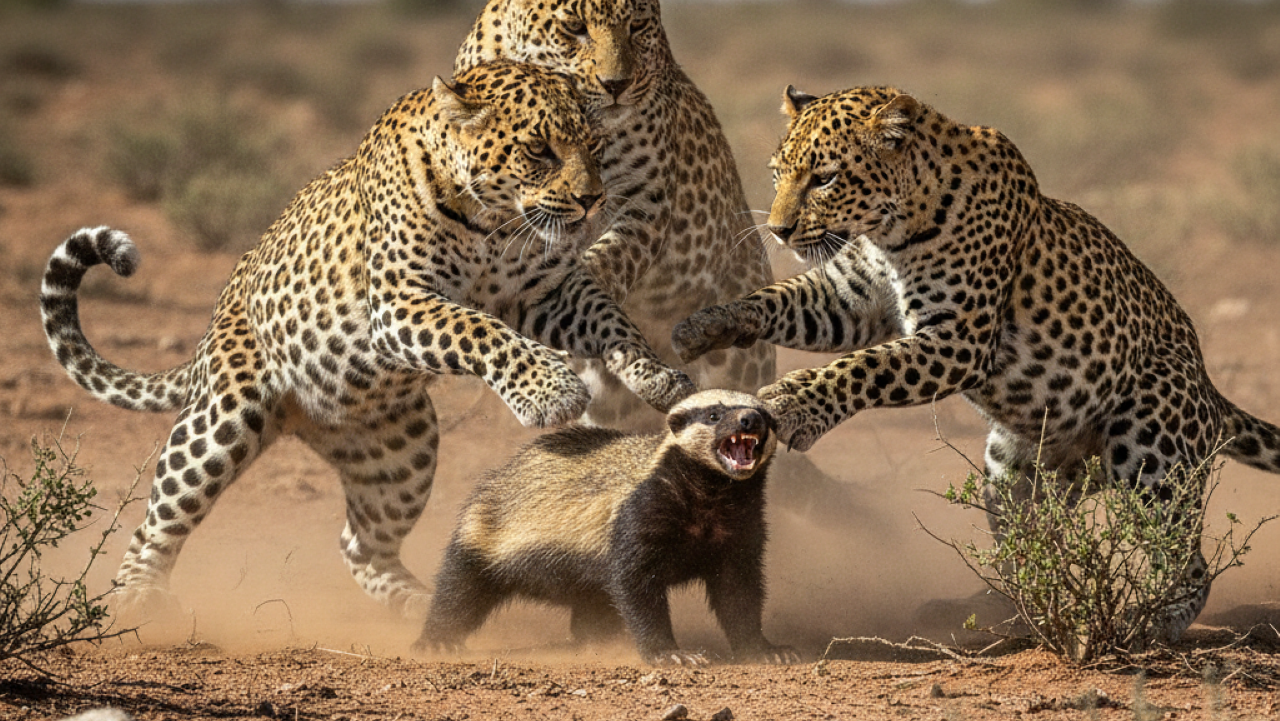 O animal mais corajoso do mundo enfrenta 3 leopardos sem recuar e sai ileso