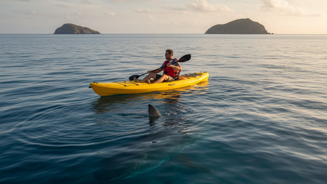 Sozinho no caiaque, ele foi atacado do nada por um tubarão gigante