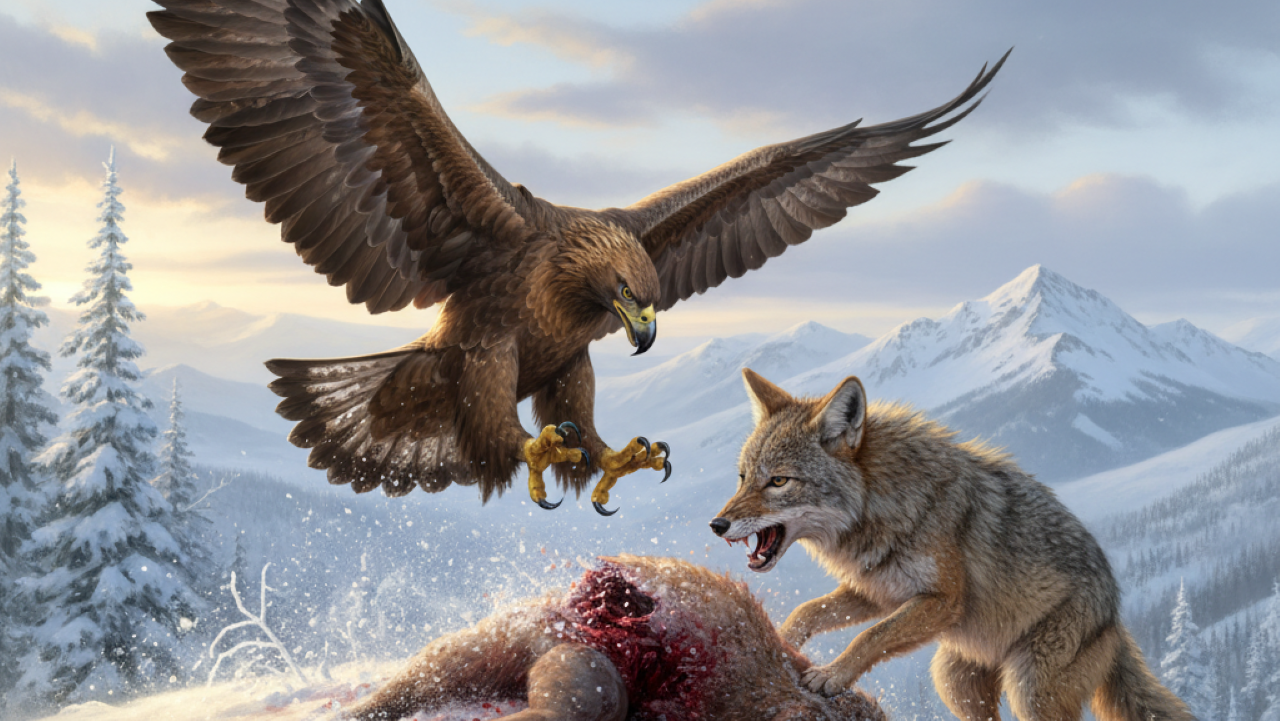 Águia e coiote disputam para ver quem vai garantir a janta da noite