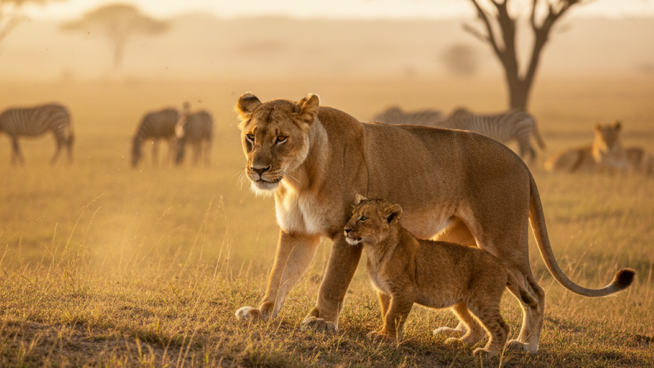 O momento em que um jovem leão prova seu valor com a mãe observando tudo