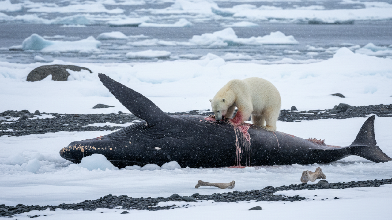 Urso polar é flagrado se alimentando de baleia enorme com mais de 40 toneladas