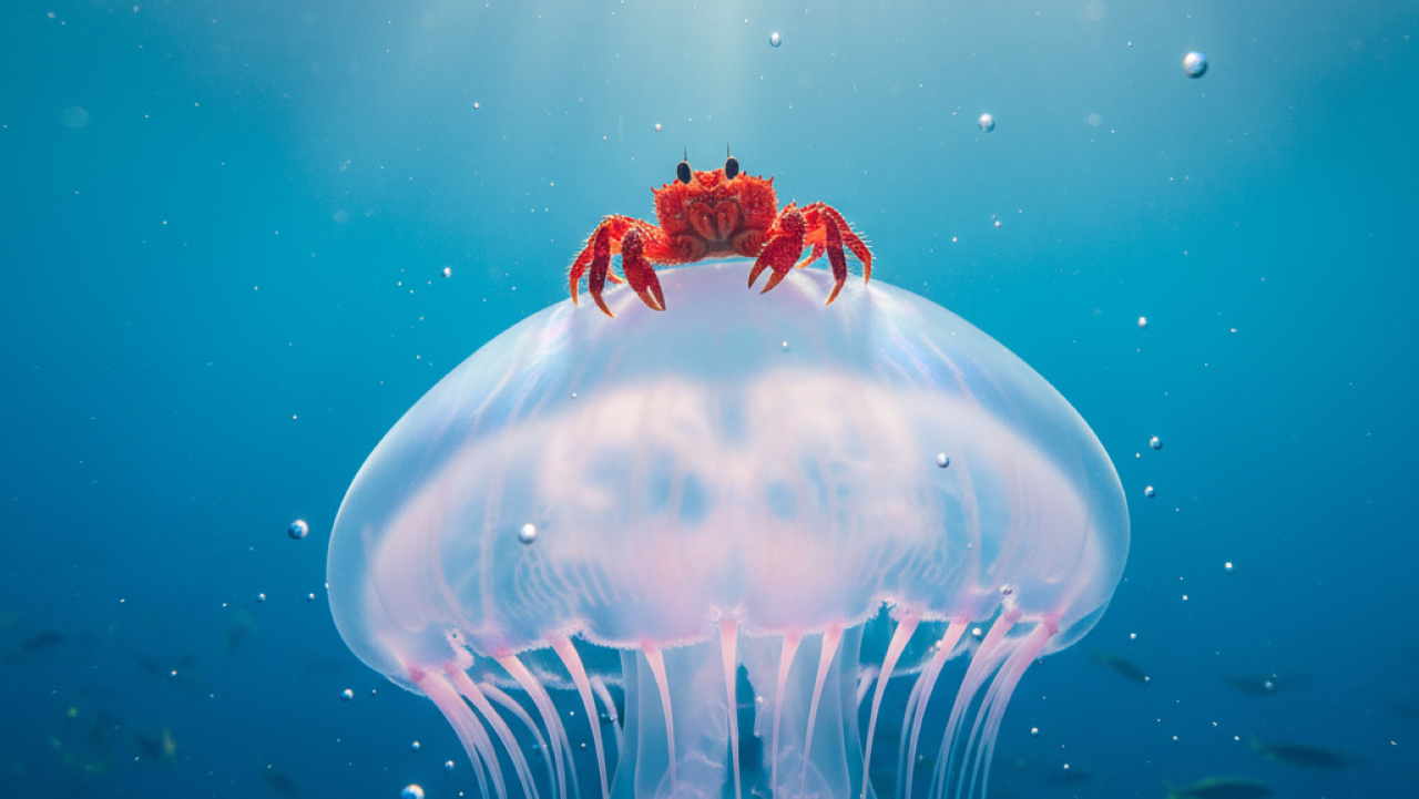 Caranguejo é flagrado ”surfando” em água-viva e viraliza