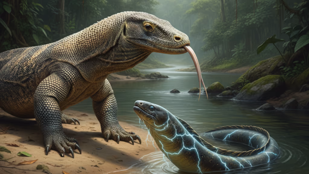 Dragão-de-komodo tenta provar enguia-elétrica e se dá mal