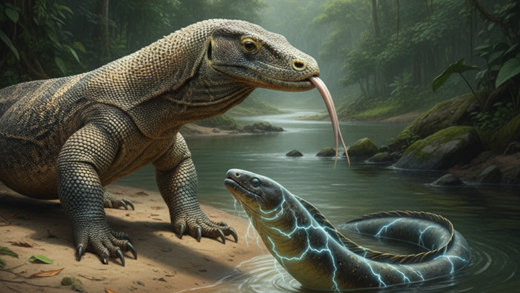 Dragão-de-komodo tenta provar enguia-elétrica e se dá mal