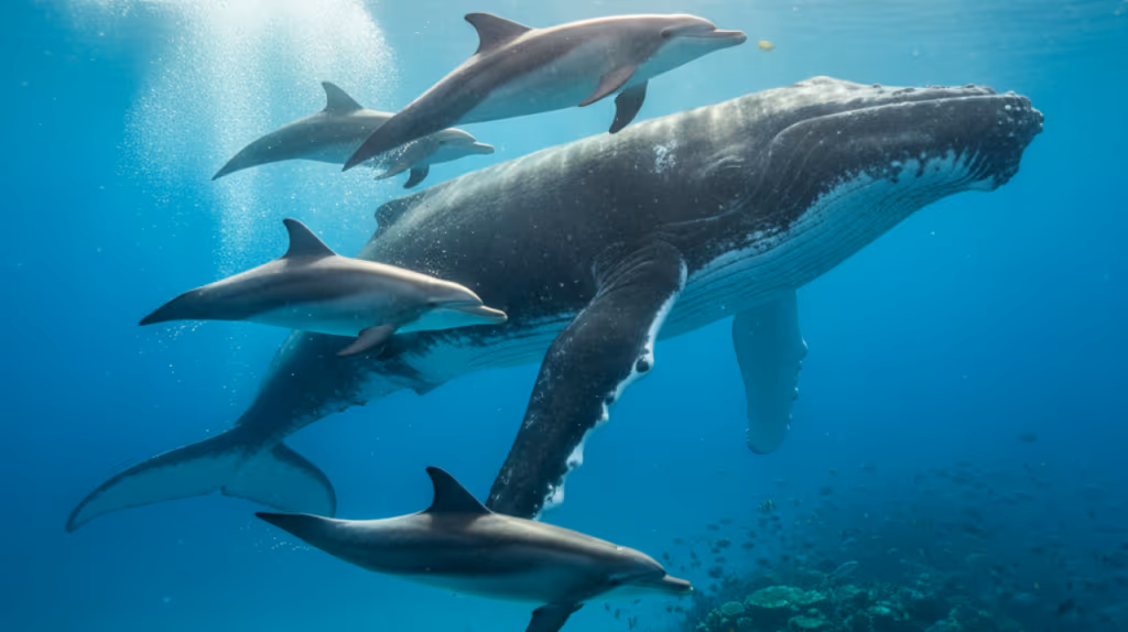 Golfinhos e baleia gigante são flagrados nadando juntos e protagonizam o encontro mais lindo do oceano