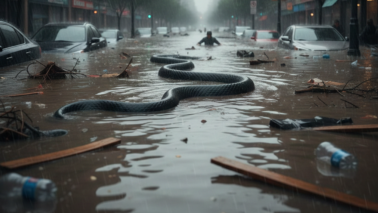 Enchente na cidade revela cobra gigante e gera pânico em moradores
