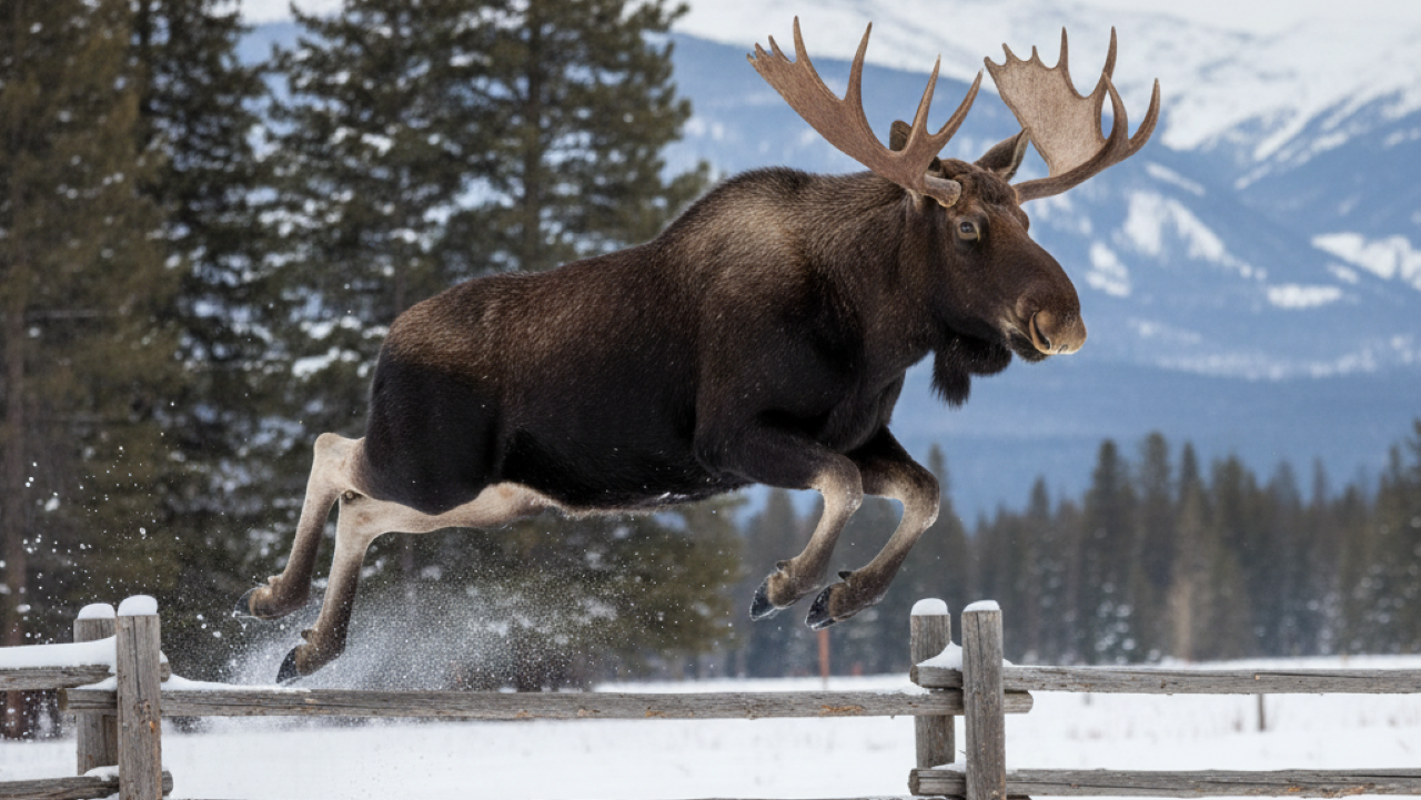 Alce gigante é flagrado saltando uma cerca com facilidade surreal