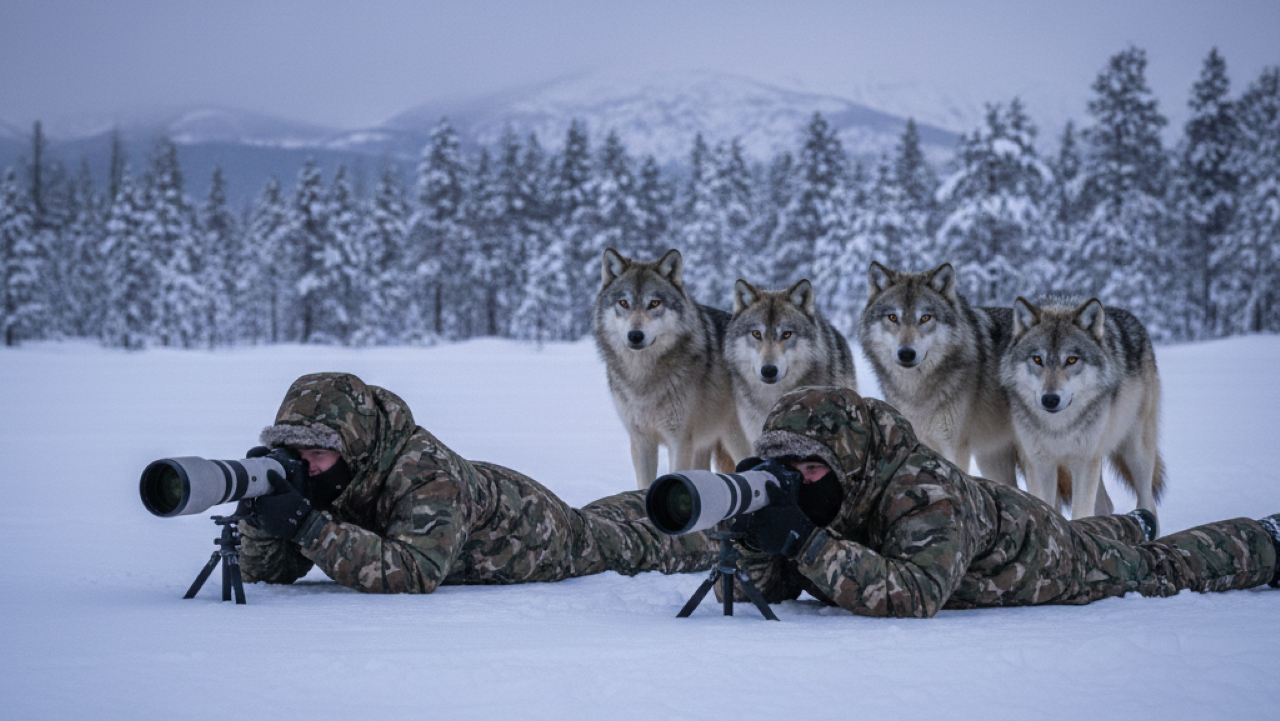 Lobos selvagens surpreendem fotógrafos em registro histórico na neve