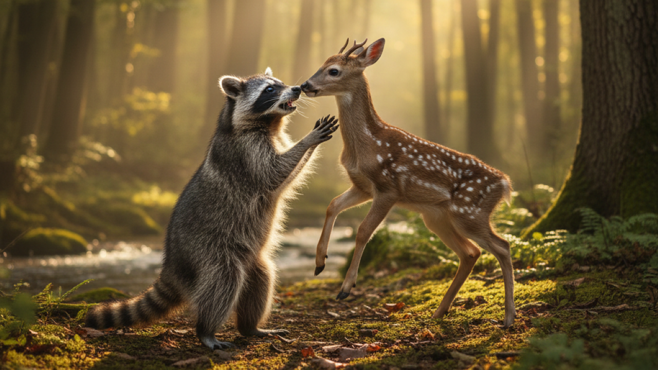 Cena entre guaxinim e cerva parece saída de um filme da Disney e viraliza