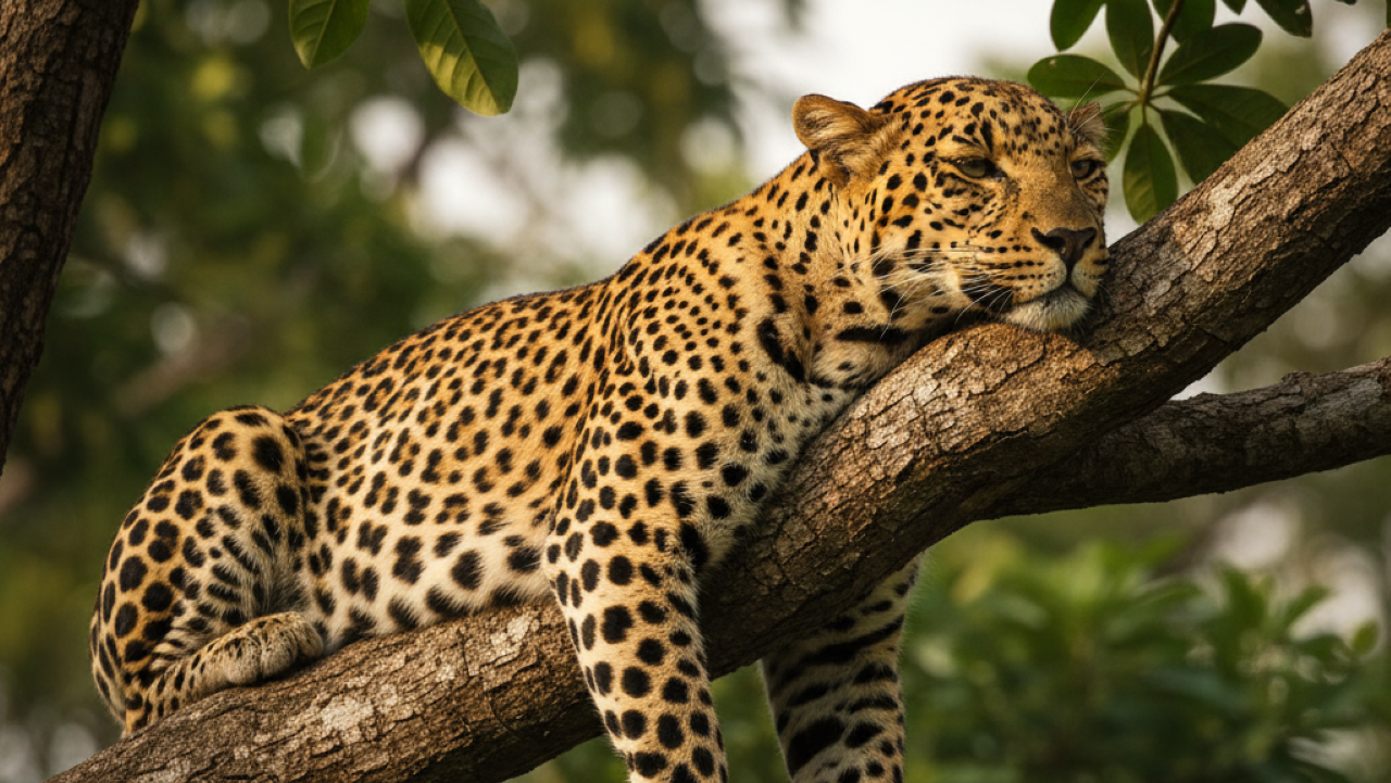 Câmera flagra leopardo descansando no topo de árvore