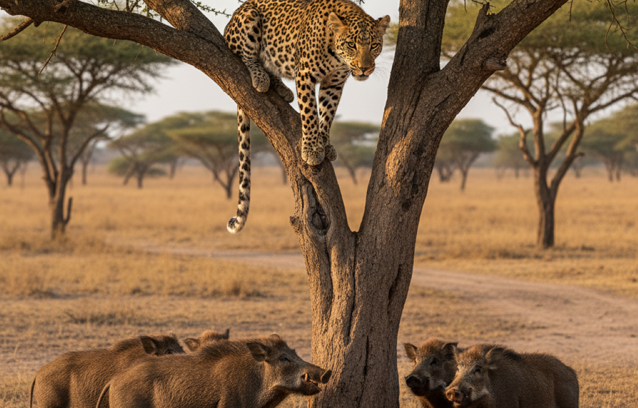 Leopardo é cercado por javalis e o que ele fez deixou todos em choque