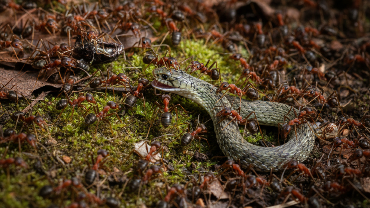 Formigas surpreendem e derrotam cobra em vídeo impressionante