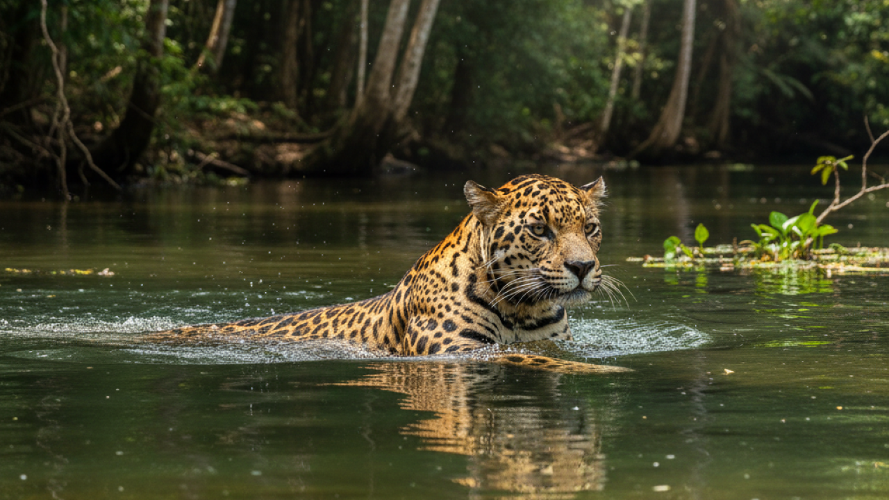 Onça-pintada surge das águas, salta em jacaré e garante a janta do dia