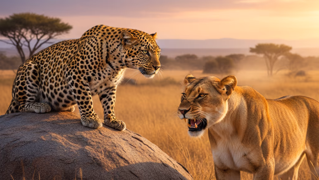 Leopardo enfrenta leoa em cena rara para salvar seus filhotes