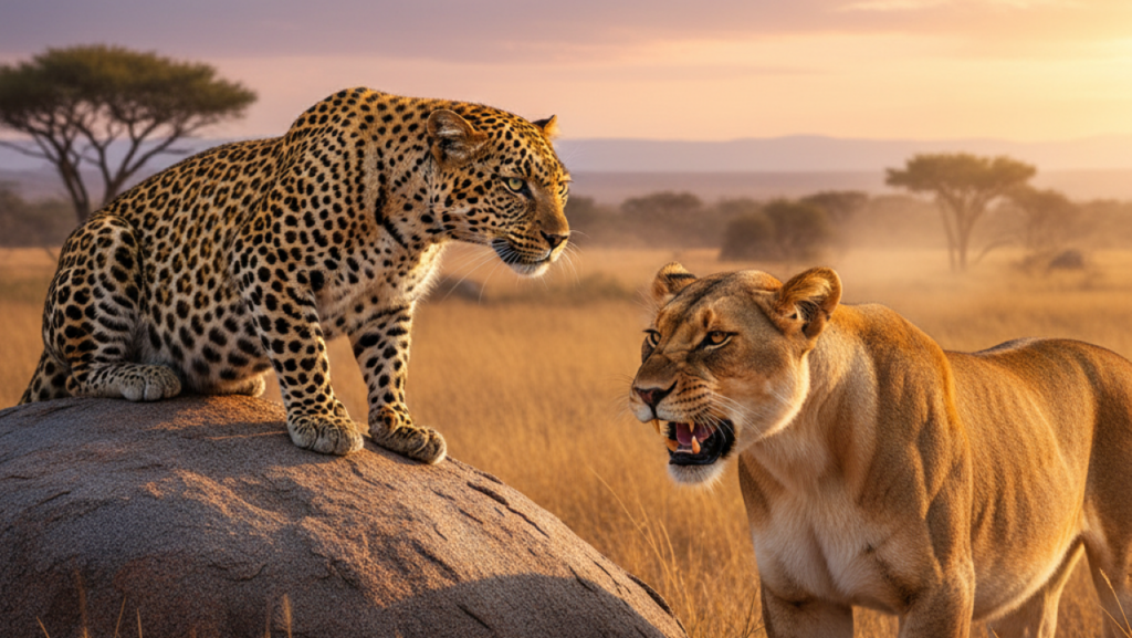 Leopardo enfrenta leoa em cena rara para salvar seus filhotes