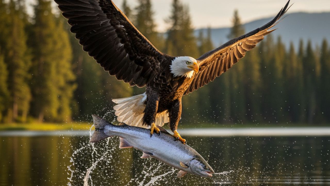 Vídeo impressionante mostra homem jogando peixe e águia capturando em pleno ar