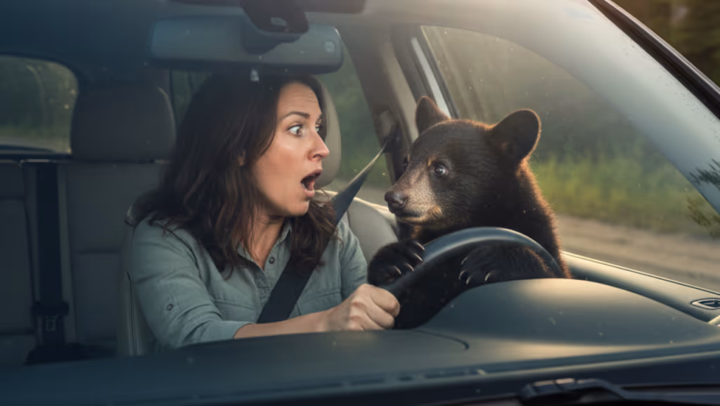 Ela só queria entrar no carro, mas deu de cara com um urso
