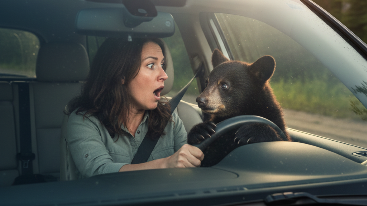 Ela só queria entrar no carro, mas deu de cara com um urso