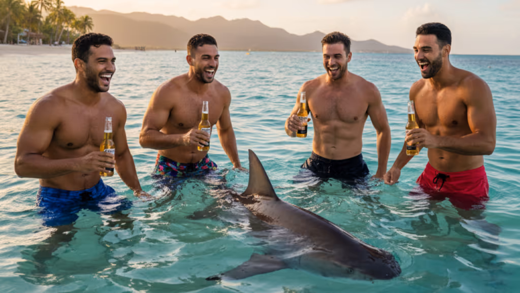 Homens fogem de tubarão sem derramar a cerveja e chocam a internet