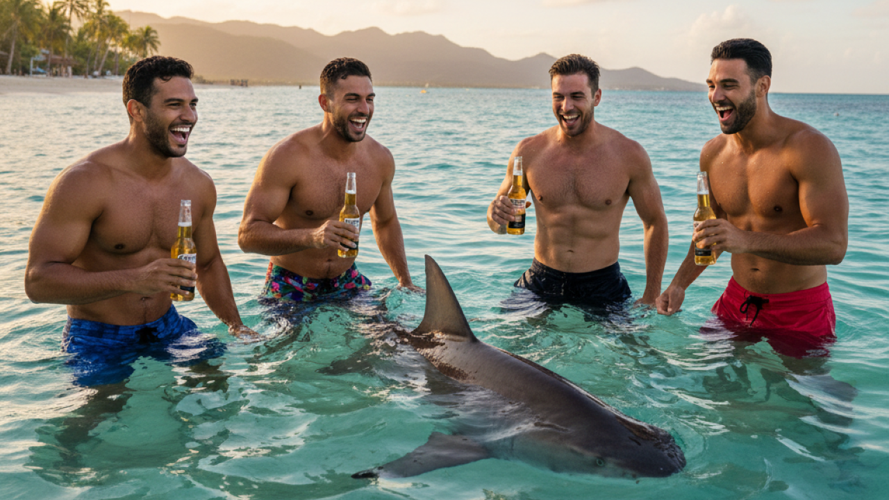 Homens fogem de tubarão sem derramar a cerveja e chocam a internet