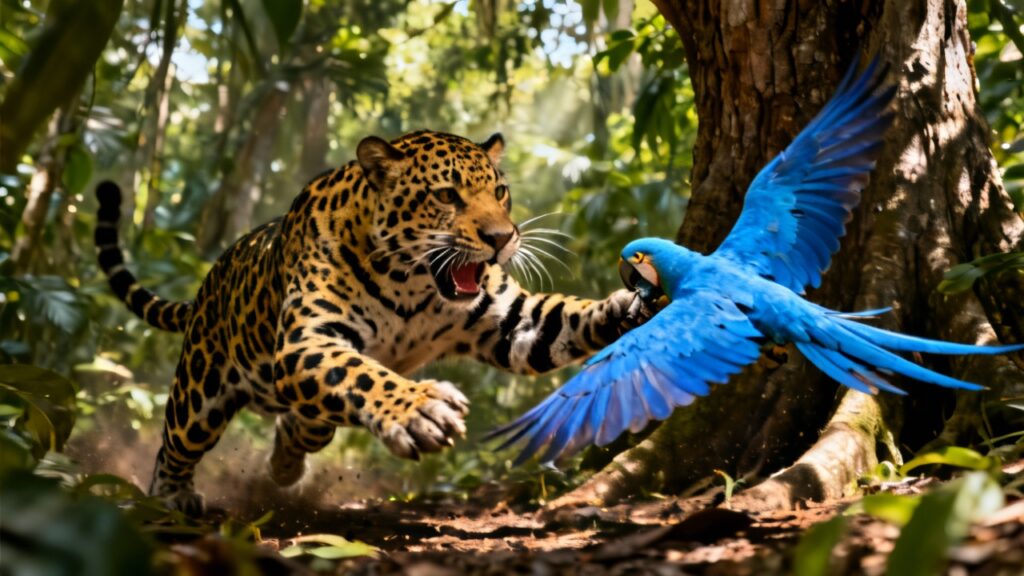 Linda arara azul ‘dorme no ponto’ e vira almoço de jaguatirica